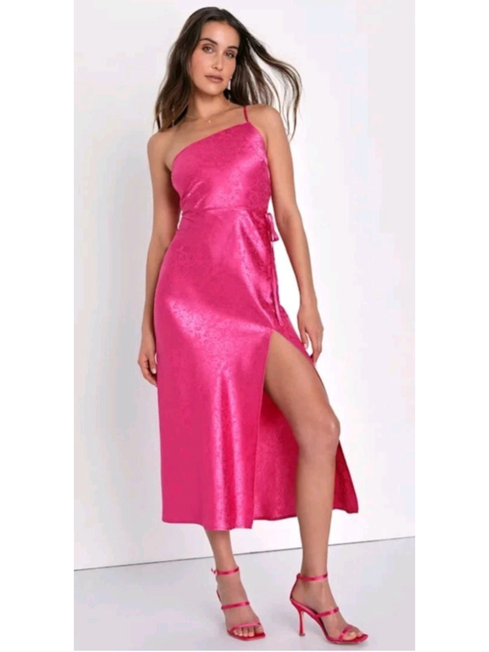 NWT Lulus Forever Celebrating Pink Floral Jacquard One-Shoulder Midi Dress Sz M